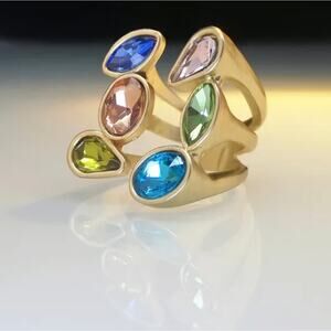 Gold Statement Ring with Multi-Color Crystal Gemstones – Adjustable Cocktail NWT